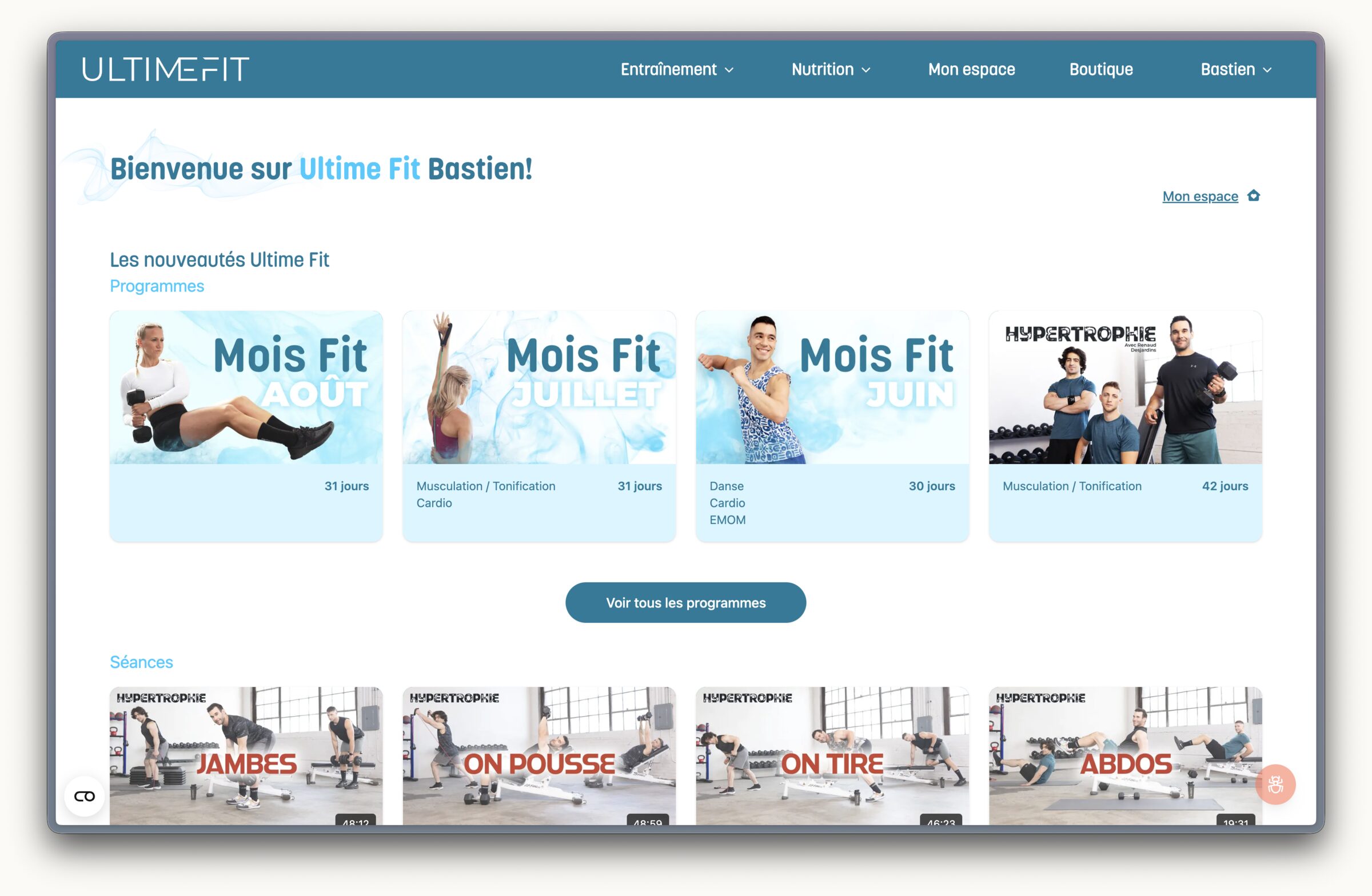 Espace membre de la plateforme Ultime Fit : les programmes
                      d’entraînement du mois et les séances disponibles.